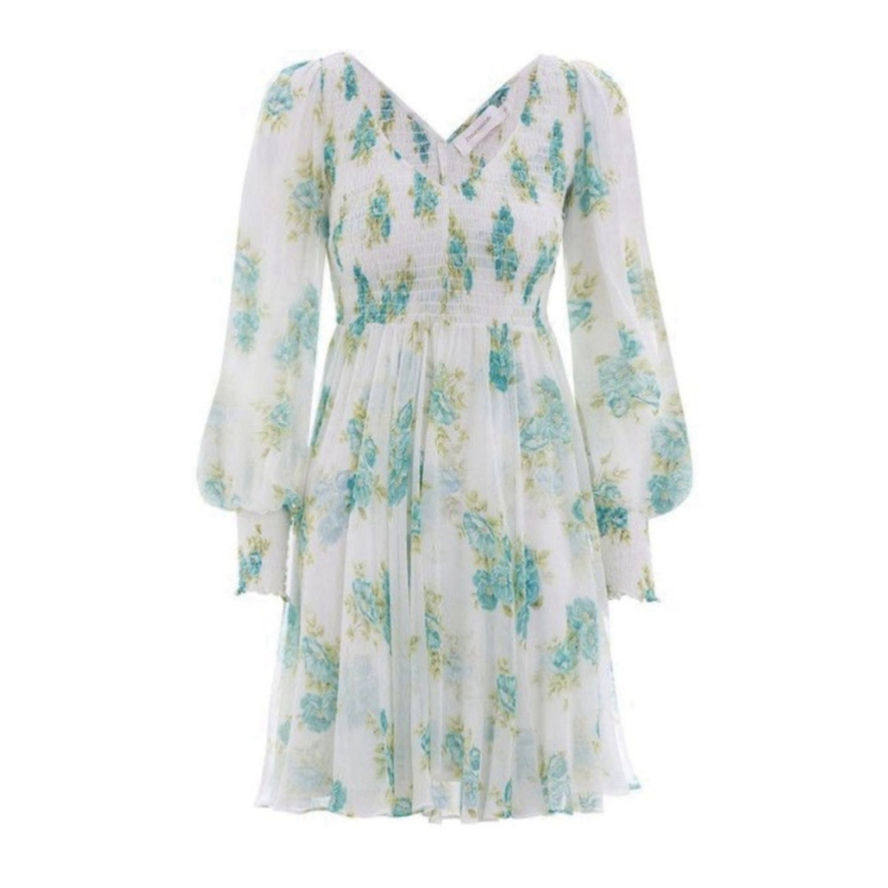 Zimmermann Silk Green White Floral Smocked Babydoll Mini Dress Size 1 M No Liner